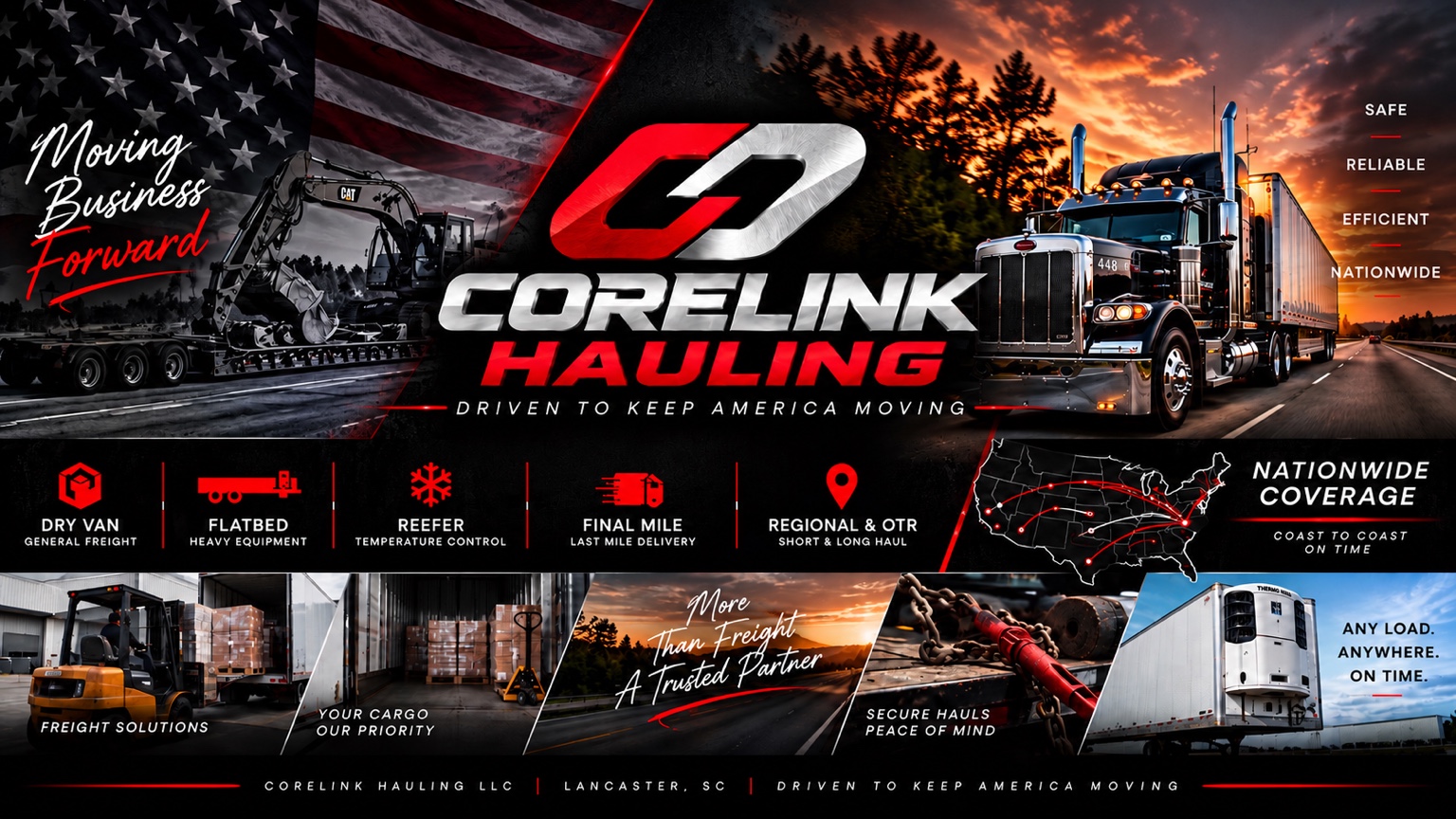 CoreLink Hauling transportation banner with trucks, equipment, and American flag